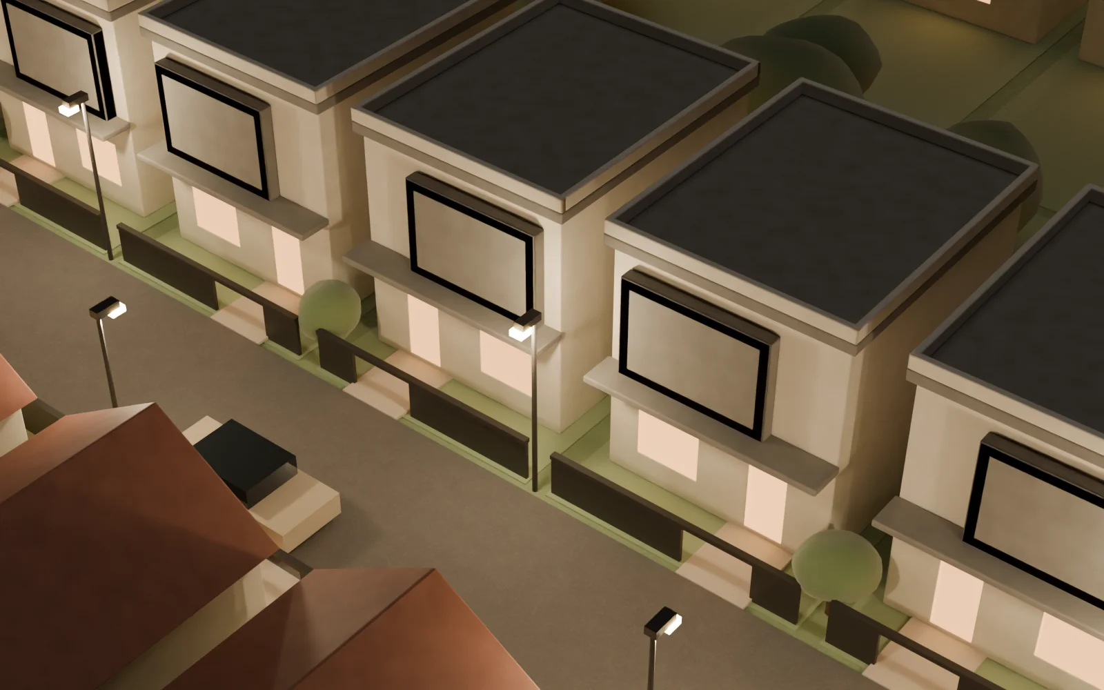 Deretan rumah Tipe 45/105 di siteplan 3D Linden